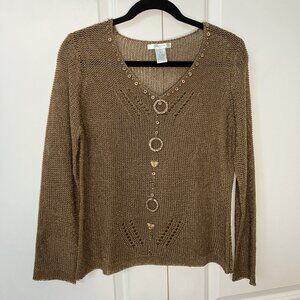 Y2K Vertigo Knit Mesh Sheer Top Womens‎ Brown Beaded Fairy Grunge Vintage